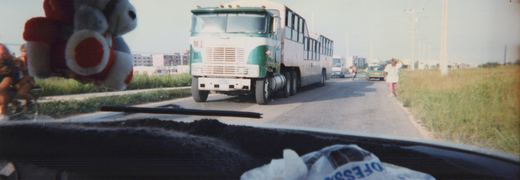 A view from inside a car shows a green and white MI bus, number 3570, driving on a road with tall grass on both sides, with a person standing on the right and another on a bicycle on the left.