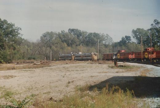 Two trains, a silver gallery car and a red caboose, are parked on parallel tracks in a gravel yard surrounded by trees under an overcast sky.