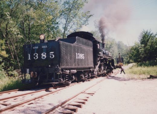 A black steam locomotive number 1385 with tender runs on a set of tracks surrounded by green trees on a sunny day, with one person walking nearby.