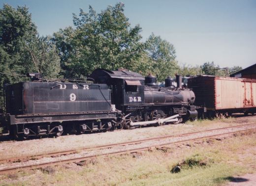A black steam locomotive numbered 9 with D&R lettering is parked on a track in a grassy yard under a clear blue sky with trees in the background.