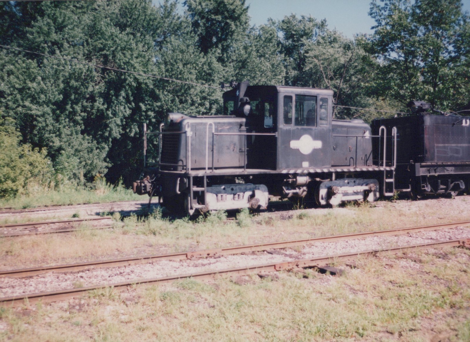 Two black electric locomotives, numbered 4 and D, are parked on a set of tracks surrounded by grass and trees on a sunny day.