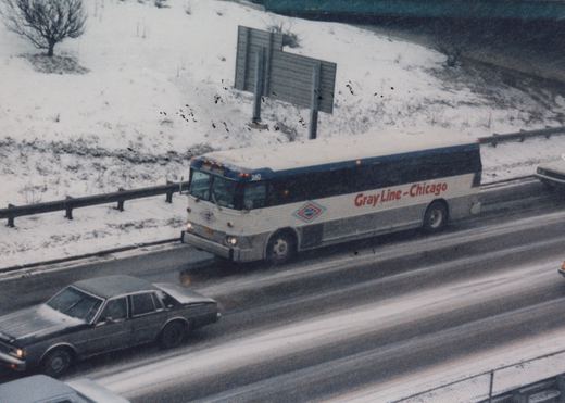 A white and blue Gray Line bus with the number 240 is driving on a snowy highway alongside other cars.