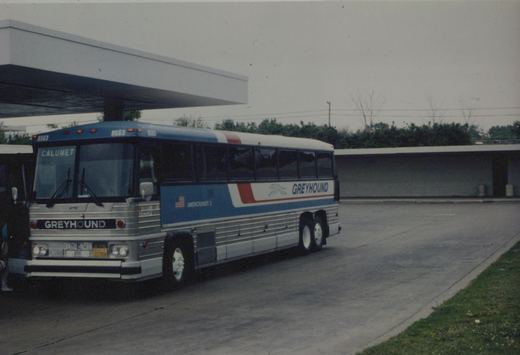 A blue, white, and red Greyhound motor bus, number 8563, is parked under a gas station canopy, with a destination sign reading 'CALUMET'.