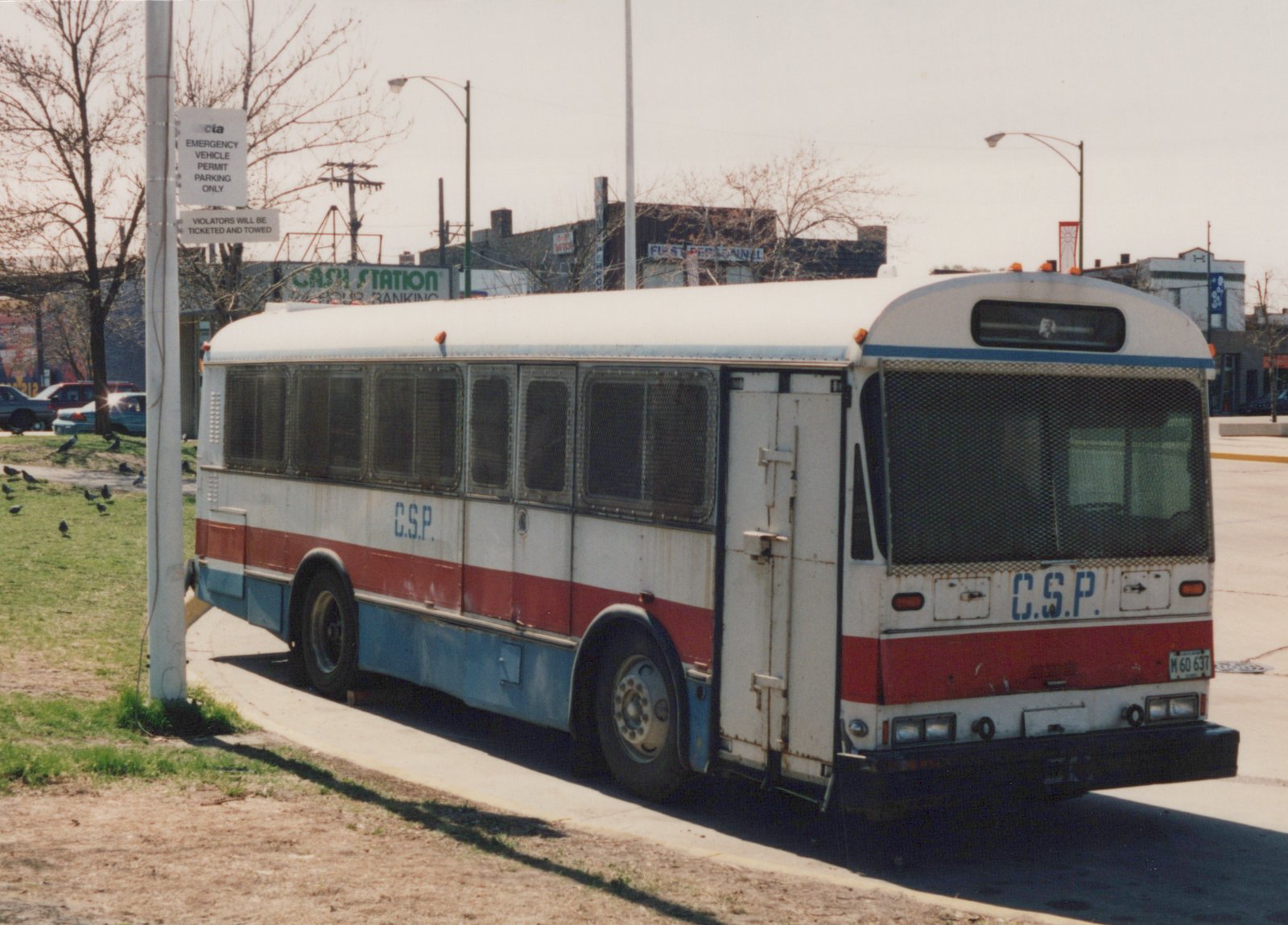 Side-front view of a vintage white and red bus marked 'C.S.P.' parked on a sidewalk next to a grassy area with birds, under a clear sky.