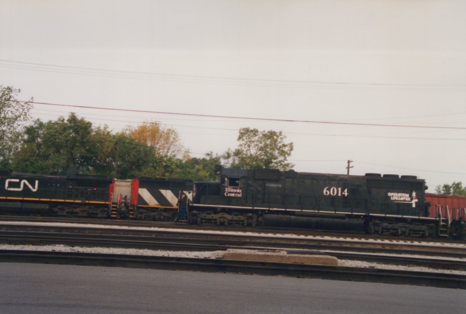 A black Illinois Central diesel locomotive numbered 6014, coupled to two black Canadian National locomotives, on a track in a multi-track yard with trees behind it.