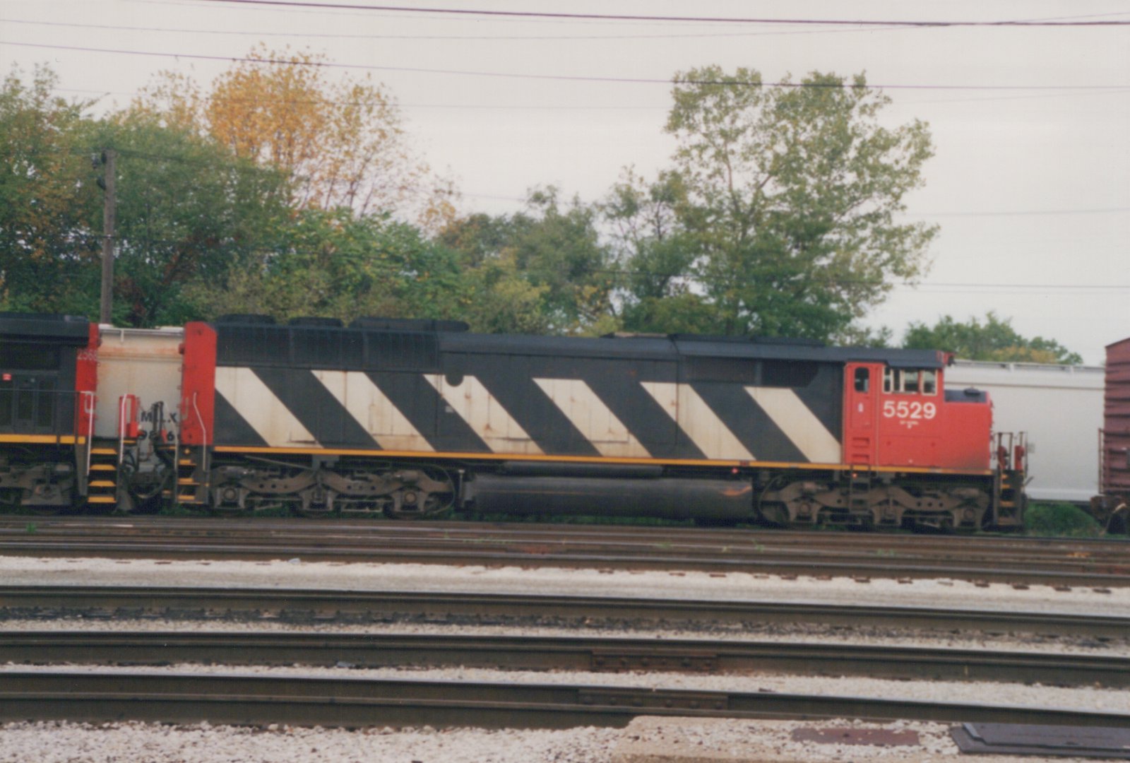Side view of a red-cabbed locomotive with a black-and-white zebra-striped body on yard tracks, with a covered hopper and another locomotive coupled behind it and trees beyond.