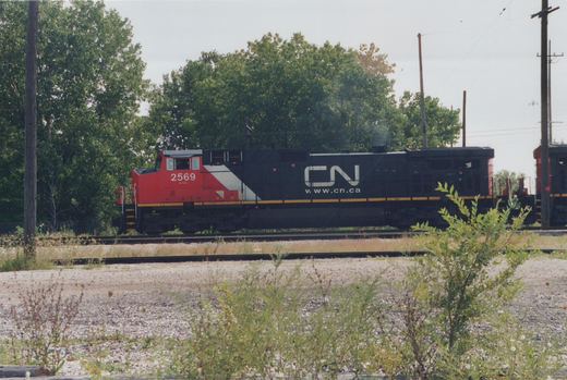 A side view of a red and black Canadian National diesel locomotive numbered 2569, with a large white CN logo, on a yard track behind weeds and gravel, with trees behind it and a second red locomotive at the right edge.