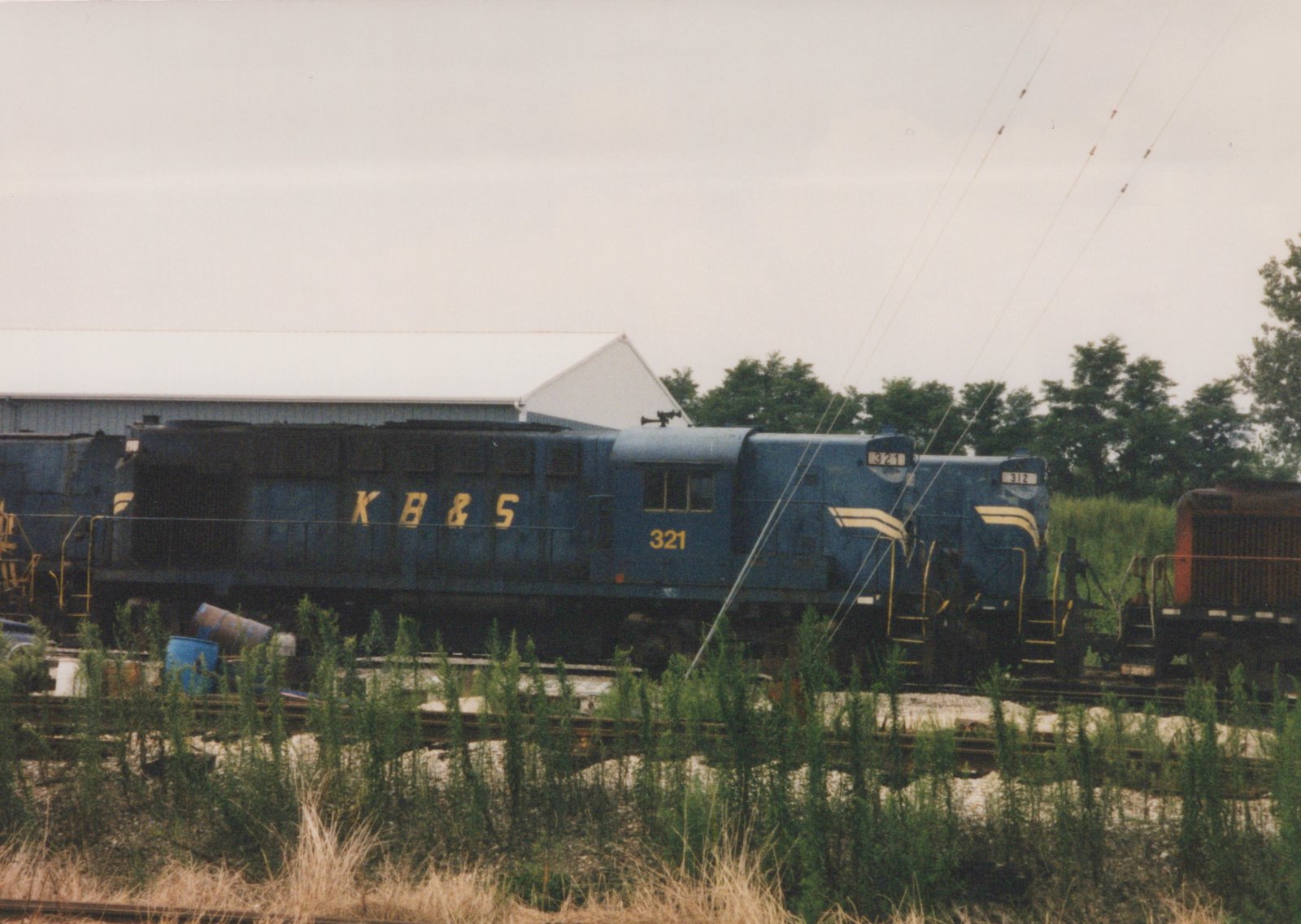 Two dark blue diesel locomotives with yellow chevrons on their noses, numbered 321 and 312, stand side by side on tracks behind tall weeds, with a metal building and trees behind them under a gray sky.