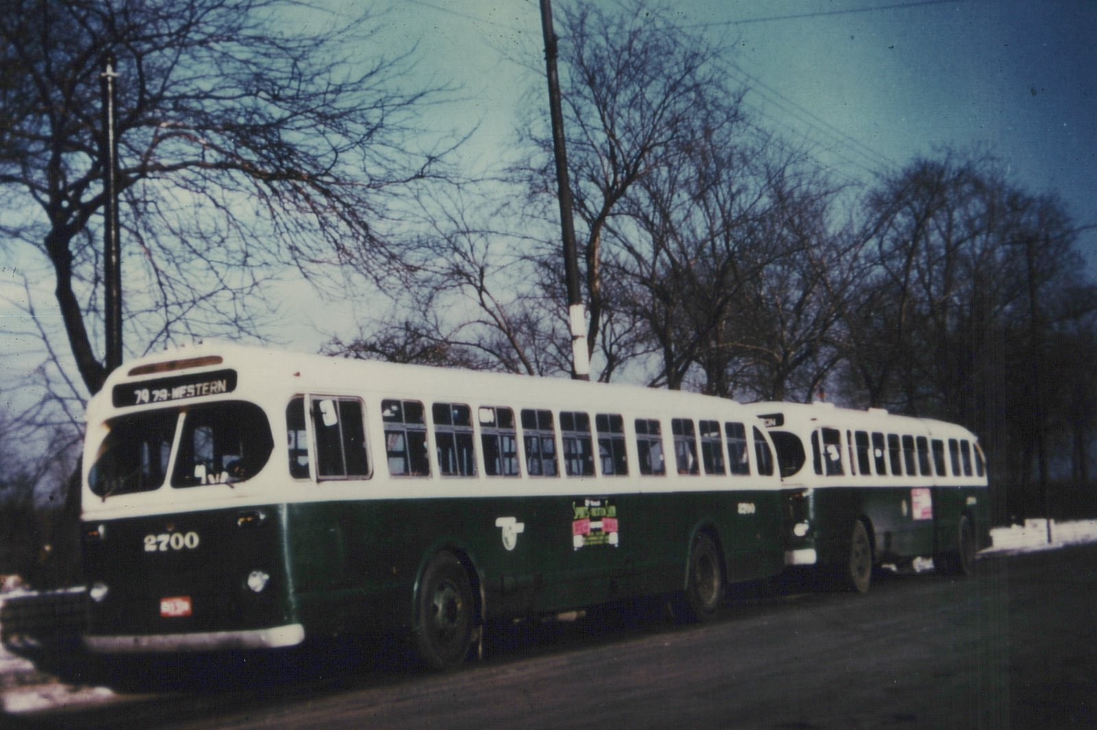 Two green and white Chicago Transit Authority buses from the 1940s or 1950s, numbered 2700, driving down a tree-lined street in winter, with snow on the ground.