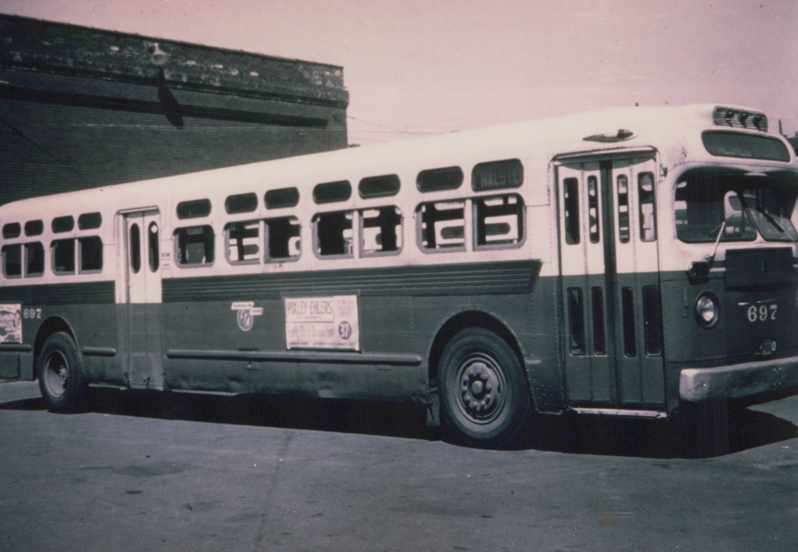 A black-and-white photograph of a Chicago Transit Authority bus, number 697, parked on a street with a destination sign indicating 'HALSTE' and an advertisement for Pixley-Ehlers on its side.
