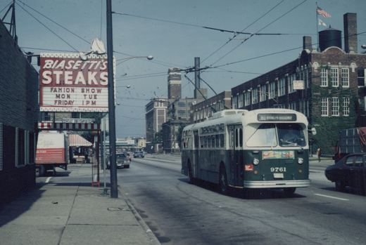 A green and cream trolleybus with the number 9761 and destination '80 IRVING PK BROADWAY' travels down a city street under overhead wires, with a 'BIASETTI'S STEAKS' sign visible on the left and brick buildings in the background.