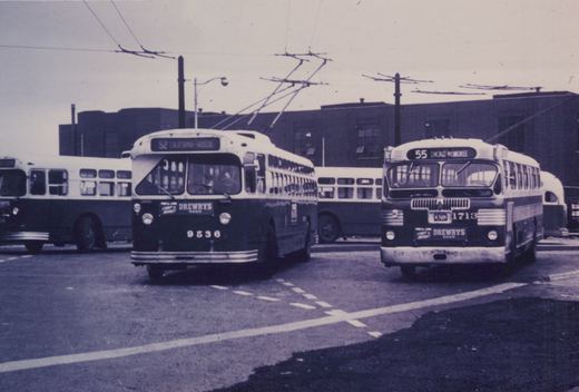 A black and white photo of two vintage buses from Drewry's, numbered 9536 and 1713, parked on a street under trolley wires. One shows route 52 to California-Roscoe, the other route 55 to Chicago-Milwaukee.