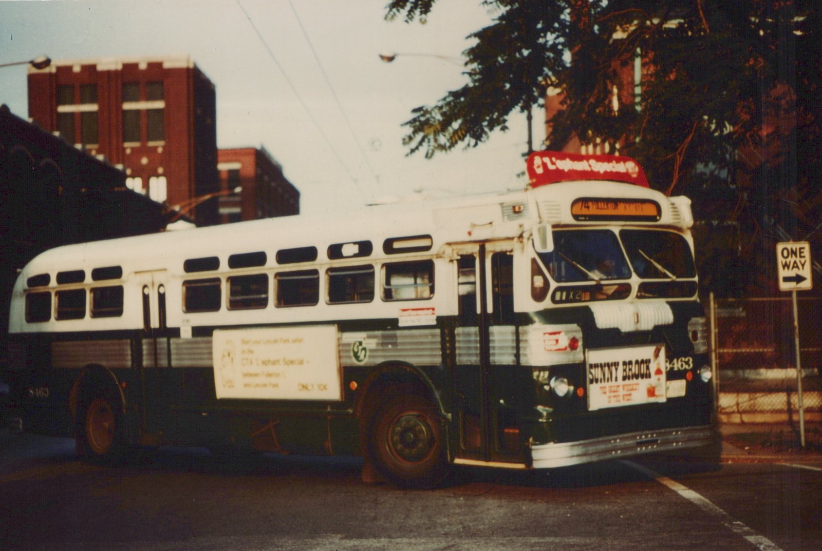 A vintage CTA bus number 3463 parked on a street, featuring advertisements for 'L'ephant Special' and 'Sunny Brook', with a 'ONE WAY' sign visible to the right.
