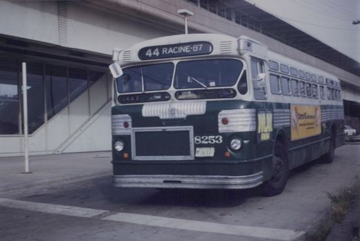 A green and white Chicago Transit Authority bus, number 8253, on route 44 Racine-87, parked on a street under an elevated structure.