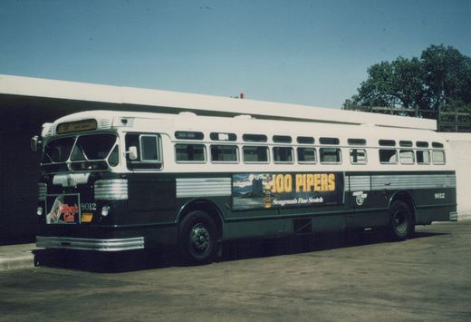 A side view of a white and green Chicago Transit Authority bus, number 8012, with a large '100 Pipers' advertisement on its side, parked under a clear blue sky.