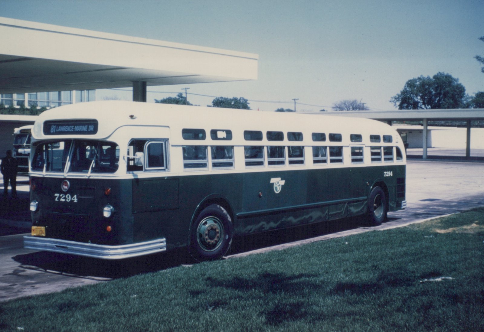 A vintage green and white CTA bus, number 7294, parked at a bus depot on a sunny day, with a destination sign for route 81 Lawrence-Marine Dr.