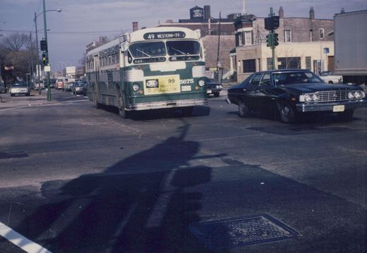 A green and cream Chicago Transit Authority motor bus is turning at a street intersection with other cars and buildings in the background on a clear day.