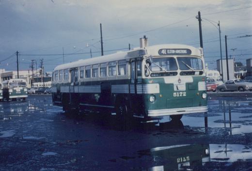 A green and cream Chicago Transit Authority bus, number 5172, is parked on a wet, paved lot with another CTA bus and 1960s cars visible in the background under an overcast sky.