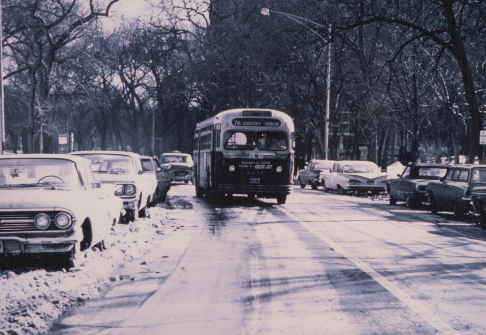 A black and white photo of a 1960s-era CTA bus driving down a snow-covered street lined with parked cars and bare trees.