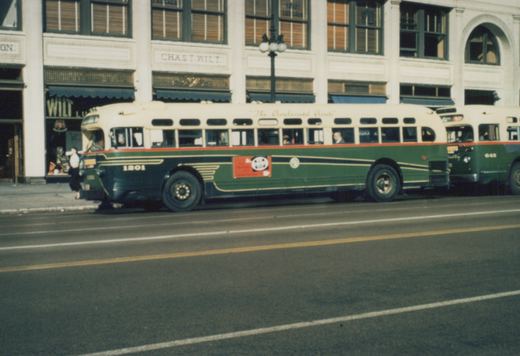 Side view of two green and cream Chicago Surface Lines buses, numbered 1201 and 645, on a city street with a building labeled CHAS T WILT behind them.