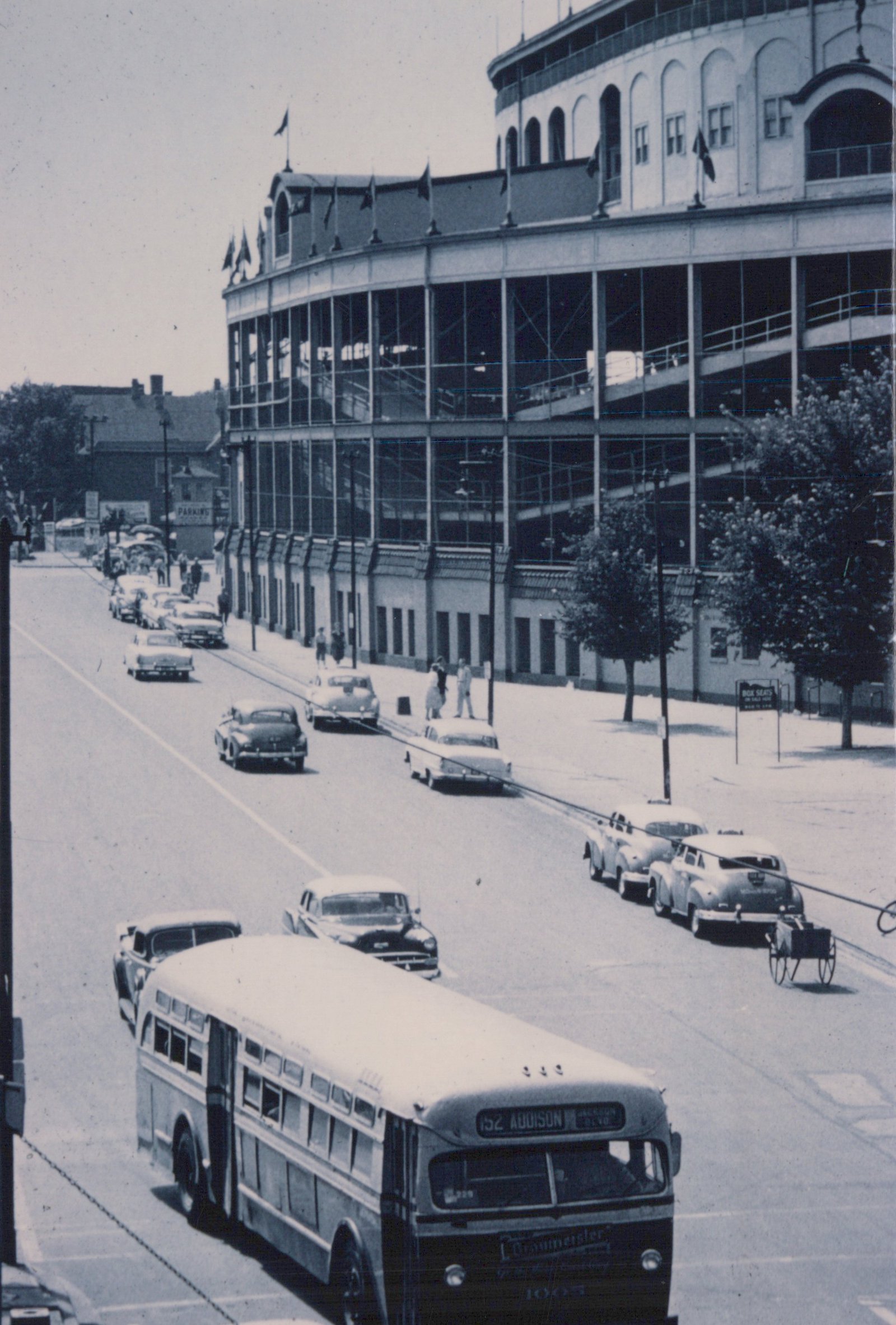A black and white photo from the 1950s shows a CTA bus on a city street with Wrigley Field in the background, surrounded by classic cars and pedestrians.