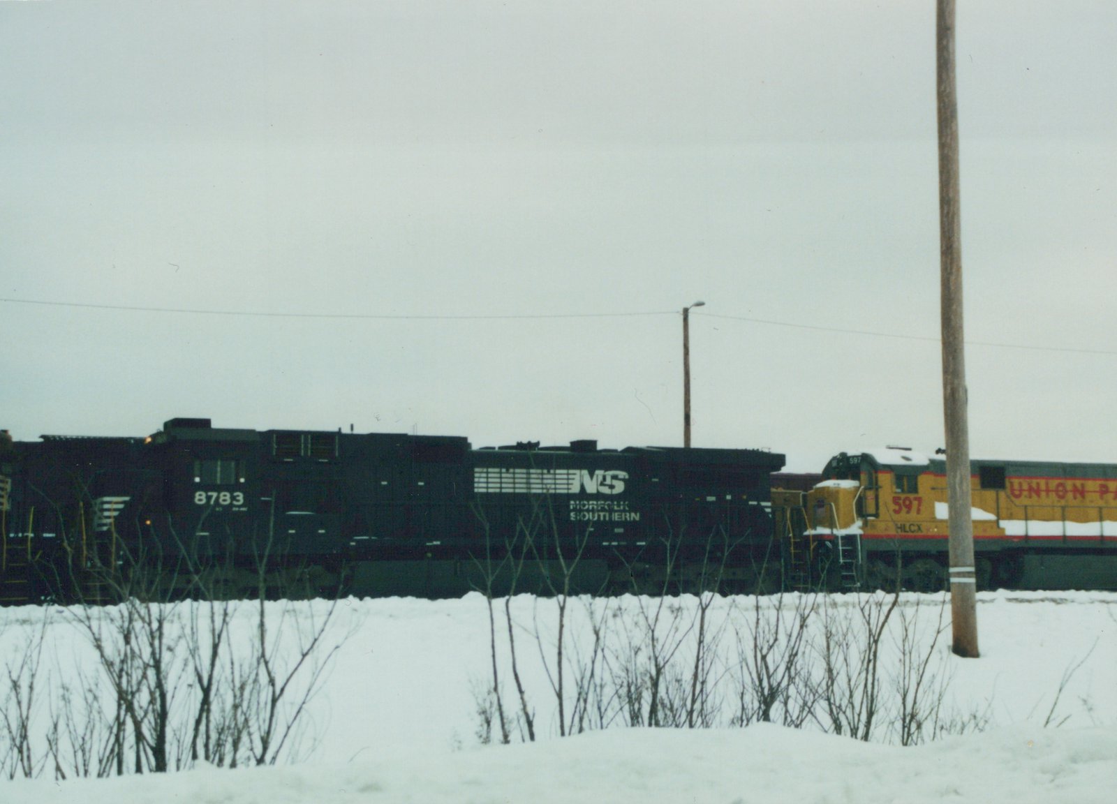 Two diesel locomotives, one black with Norfolk Southern lettering and one yellow with Union Pacific lettering, sit on parallel tracks in a snowy yard with bare brush in the foreground.