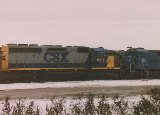 Two CSX diesel locomotives, one numbered 8217 and the other CR 525, are parked side by side in a snowy yard under an overcast sky.