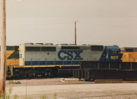 Side view of a blue, gray, and yellow CSX diesel locomotive, number 8217, parked on tracks in a gravel yard under an overcast sky.