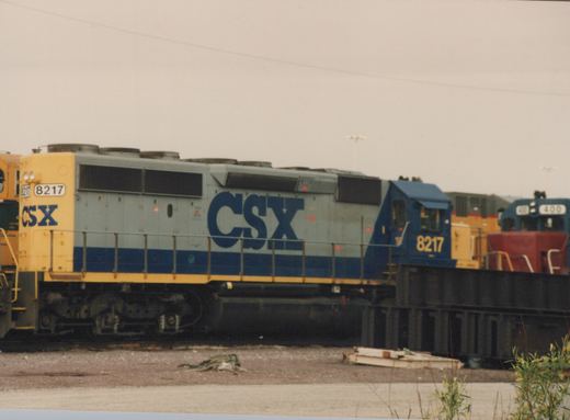 A side view of a gray, blue, and yellow CSX diesel locomotive, number 8217, in a gravel yard with other trains in the background.