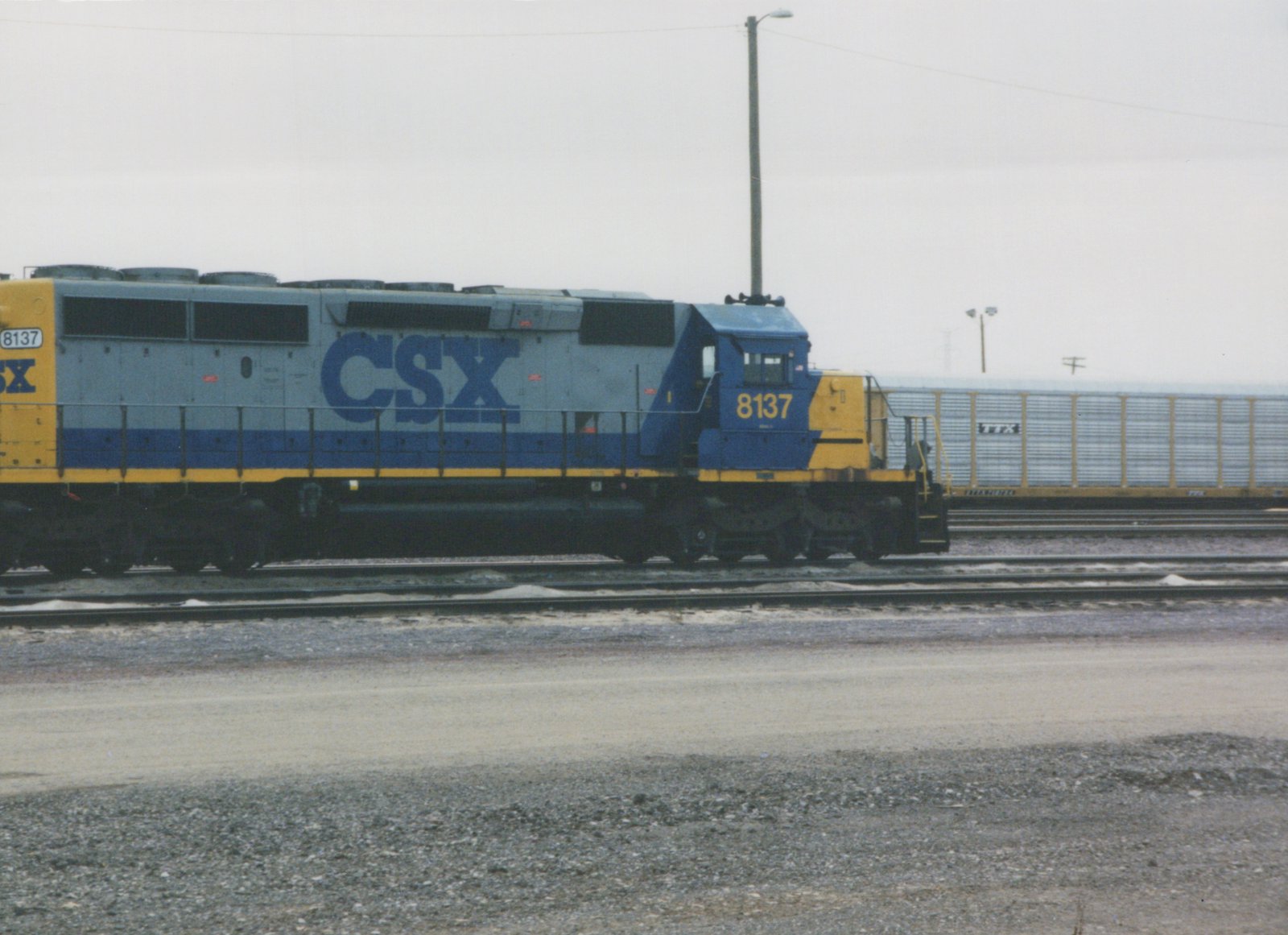 A blue, gray, and yellow CSX diesel locomotive numbered 8137 sits on tracks in a gravel yard with a TTX freight car in the background under an overcast sky.