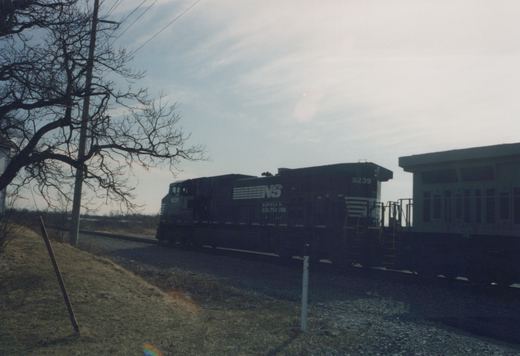 A black Norfolk Southern locomotive, number 9239, is traveling on a railroad track beside a bare tree and a grassy embankment under an overcast sky.