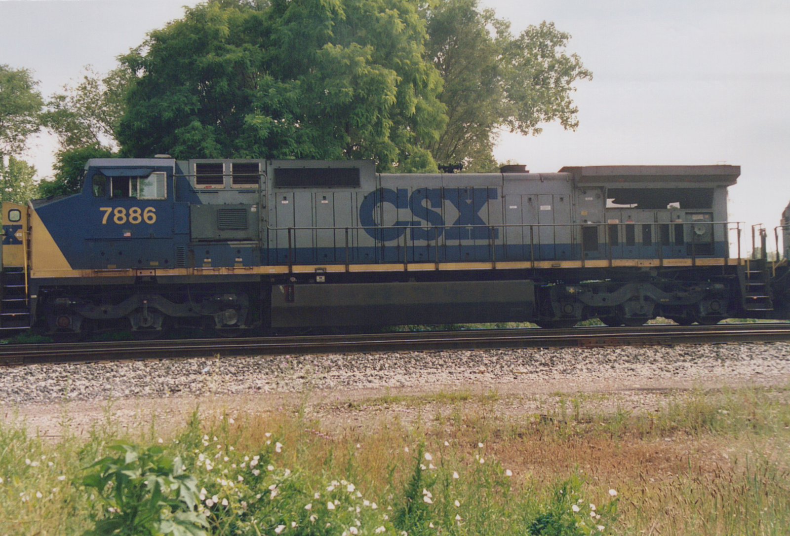 A blue, gray, and yellow CSX locomotive numbered 7886 sits on railroad tracks with trees and wildflowers in the foreground.