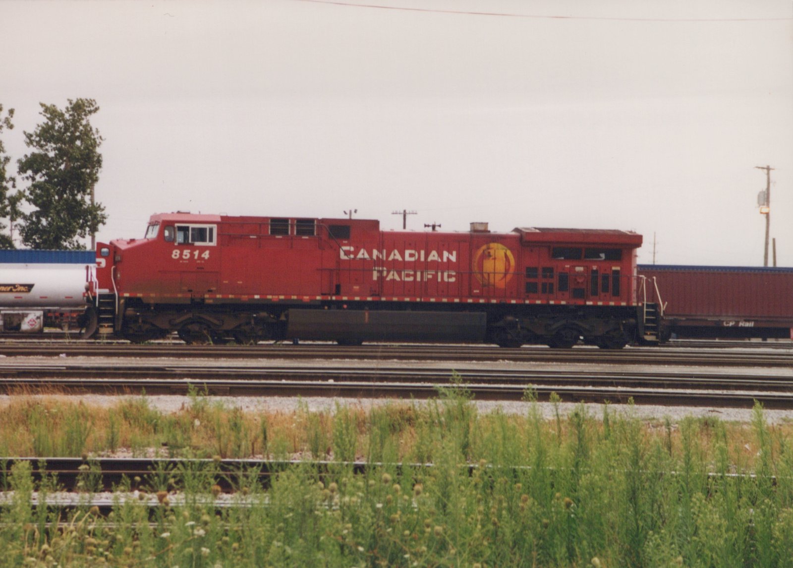A red Canadian Pacific locomotive, number 8514, is parked on a set of railroad tracks. The locomotive's side has white lettering and a yellow logo. There are freight cars behind it and grass in the foreground.