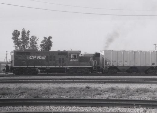 Black and white photo of a Canadian Pacific SD40 locomotive numbered 8263, pulling a covered hopper car on a railroad yard track under an overcast sky.