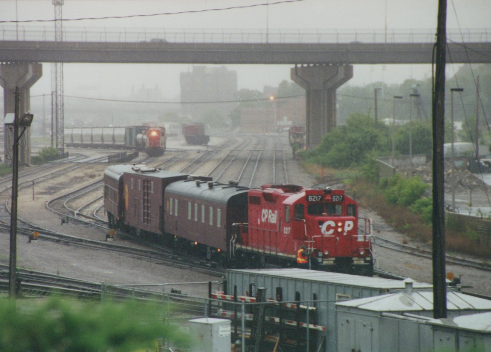 A red Canadian Pacific locomotive numbered 8217 is pulling two maroon passenger cars on wet tracks under a concrete highway overpass on a rainy day.