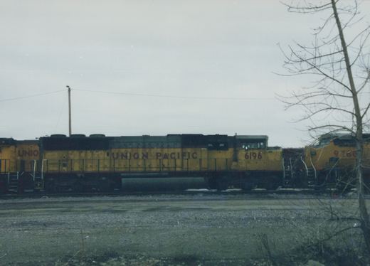 A side view of two yellow and black Union Pacific diesel locomotives, numbered 6196 and 9766, parked in a gravel yard with bare tree branches in the foreground and a cloudy sky.