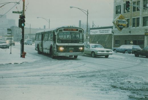 A white and green Chicago Transit Authority bus drives down a snow-covered street next to parked cars and storefronts in Berwyn, Illinois.