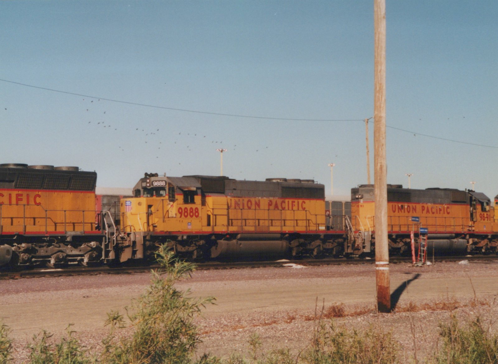 Three yellow and red Union Pacific diesel locomotives are lined up on tracks in a gravel yard on a clear day, with a wooden utility pole in the foreground.