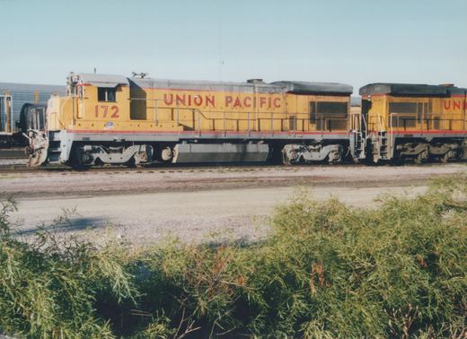 A side view of two yellow and gray Union Pacific diesel locomotives, numbers 172 and 517, coupled together on a railroad track in a yard with green bushes in the foreground.