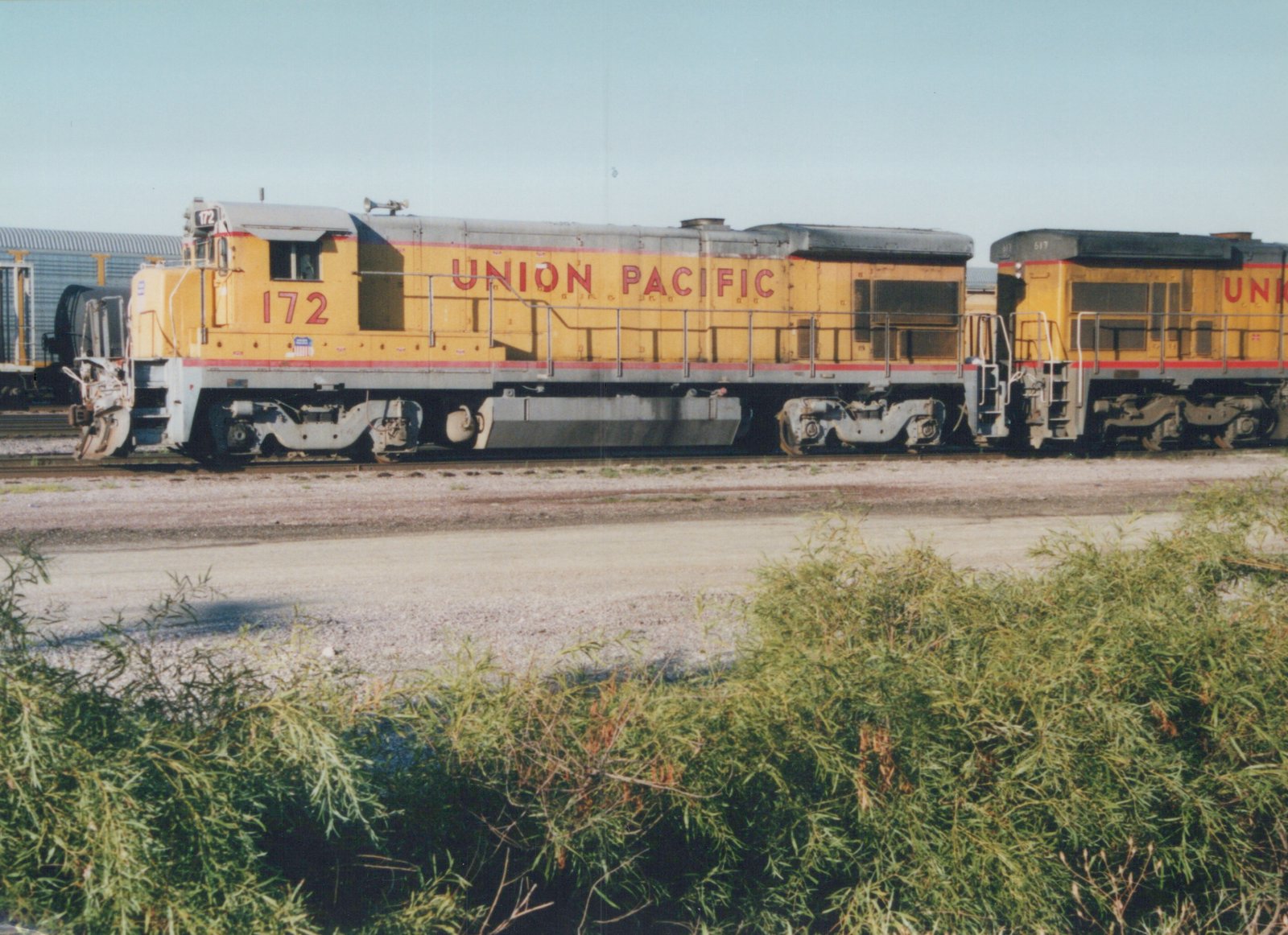 A side view of two yellow and gray Union Pacific diesel locomotives, numbers 172 and 517, coupled together on a railroad track in a yard with green bushes in the foreground.