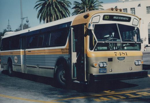 A yellow, cream and gray RTD motor bus, number 7481, is parked on a street with palm trees in the background. The front displays route 813 to Marineland and a California license plate.