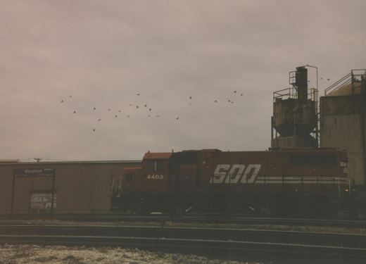 A red SOO Line locomotive with the number 4403 is parked on a set of tracks beside a station platform with a sign reading 'Mannhiem Platform 2'. The sky is overcast and there are birds flying above.