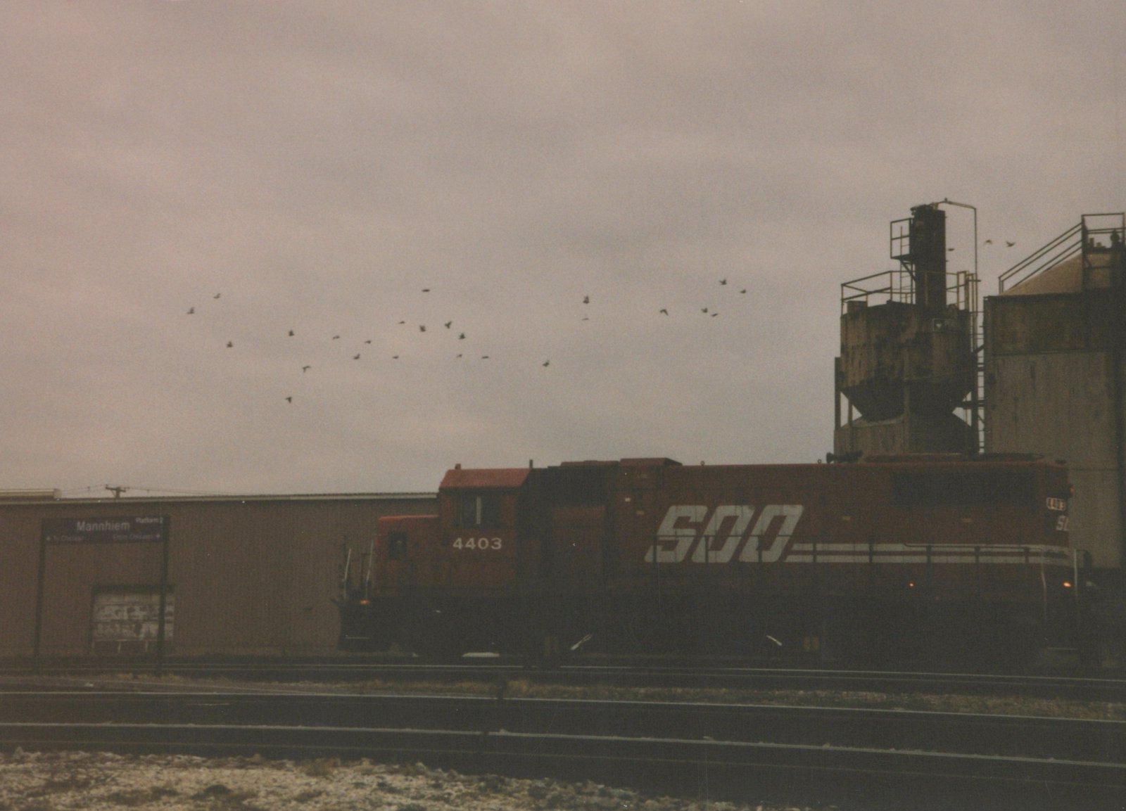 A red SOO Line locomotive with the number 4403 is parked on a set of tracks beside a station platform with a sign reading 'Mannhiem Platform 2'. The sky is overcast and there are birds flying above.