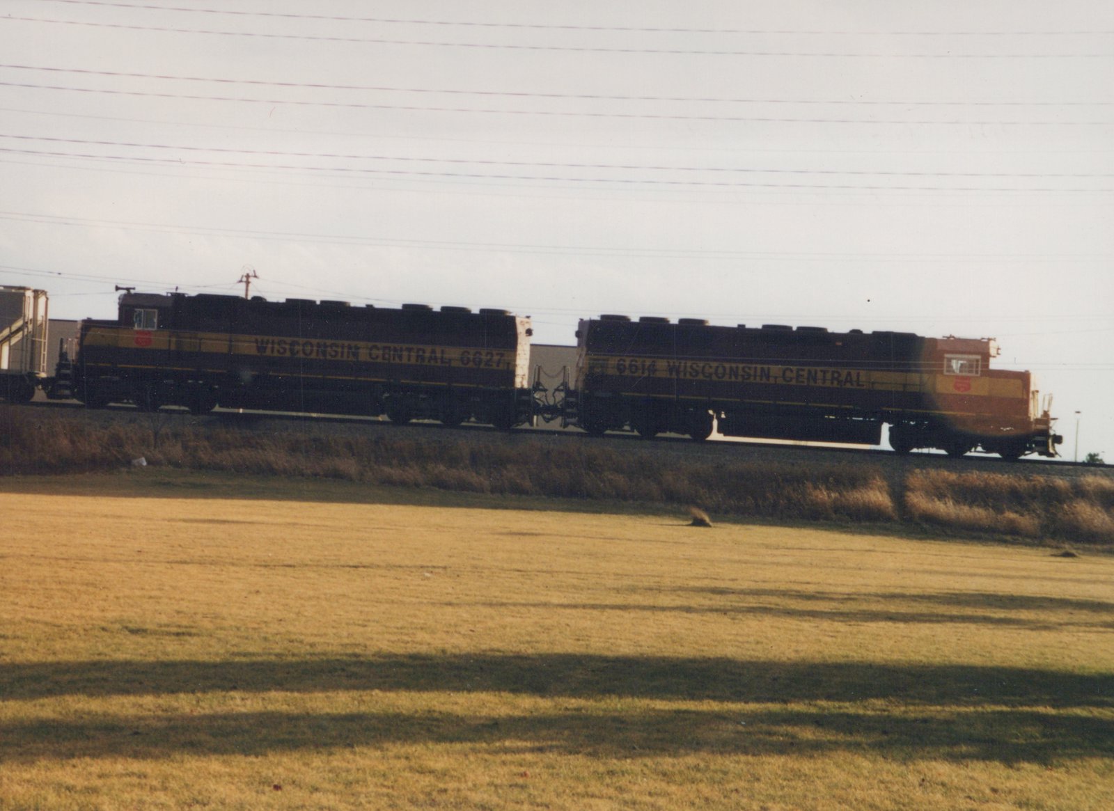 Two black and yellow diesel locomotives with Wisconsin Central lettering are on a track above a grassy field under a clear sky.