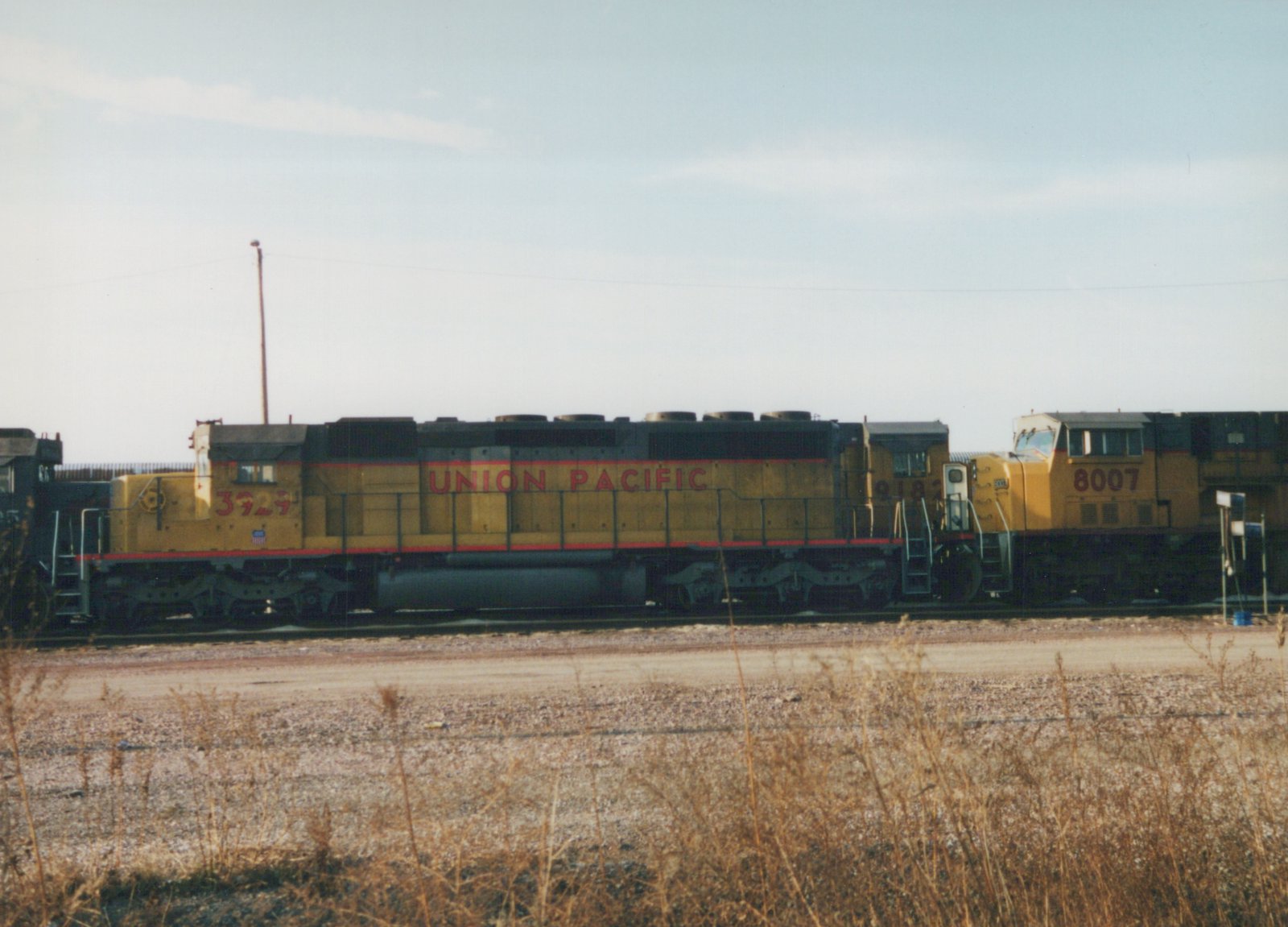 Side view of a consist of three Union Pacific diesel locomotives in a yard, displaying numbers 3929, 9182, and 8007.
