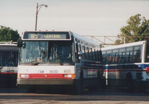 Front view of a white and red CTA bus numbered 5630 on route 85 Central, with other buses parked behind it on a sunny day.