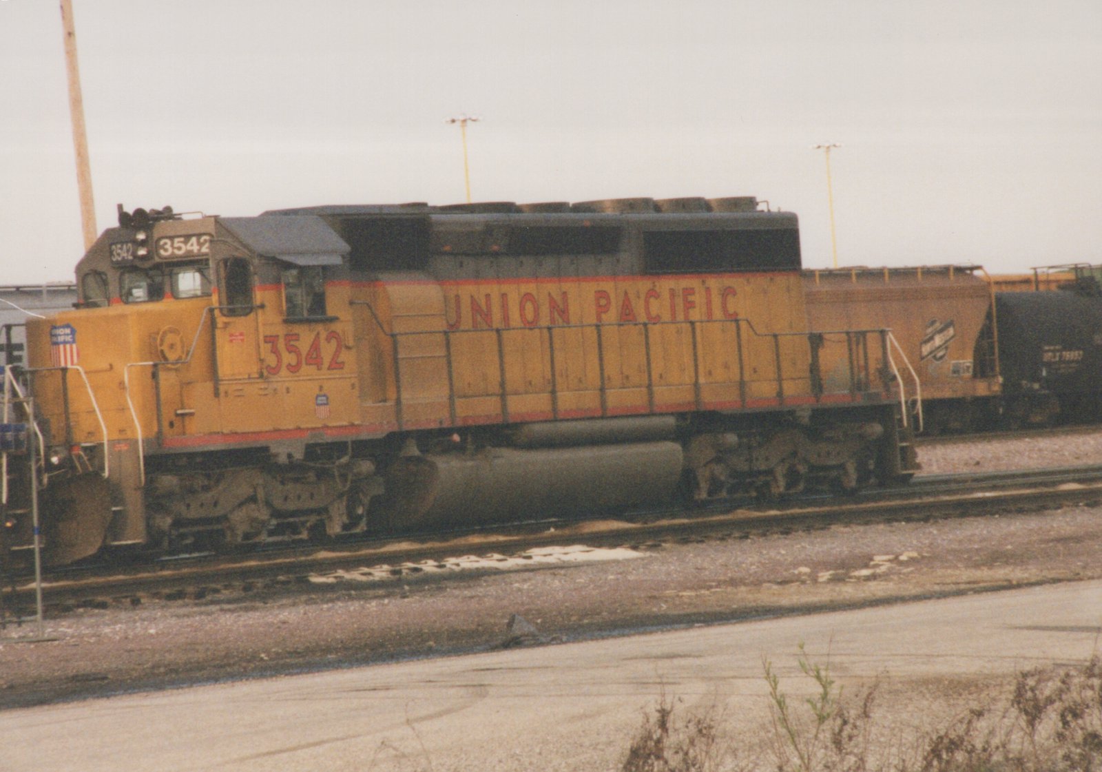 A yellow and red Union Pacific diesel locomotive numbered 3542 is stationary on tracks in a rail yard, with a black freight car behind it.