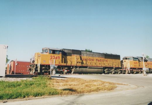 Two yellow Union Pacific locomotives stopped at a railroad crossing with a clear blue sky and some greenery in the foreground.