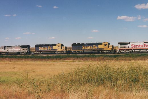 Two blue and yellow BNSF GP38-2 locomotives, numbered 5111 and 6455, pull a white passenger car with red Santa Fe lettering through a field under a clear blue sky.