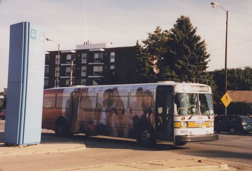 A white Pace bus with a yellow and purple stripe, number 8869, is shown from a three-quarter front view on a sunny street next to a CTA sign.